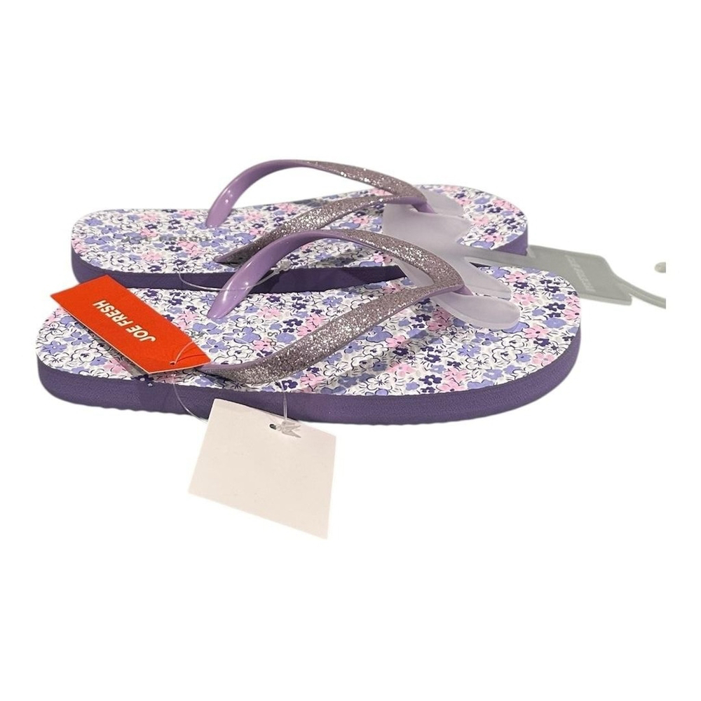 Joe Fresh Flip Flop Sandals Girls Size 12-13 Purple Floral Glitter Beach Shoes